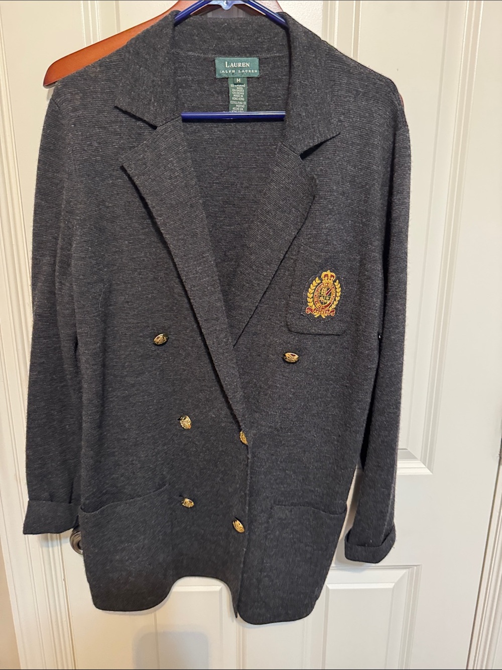 Lauren Ralph Lauren Charcoal Knit Double-Breasted Blazer with Crest